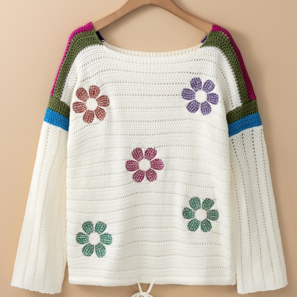 B128 White Daisy Flower Pointelle Knit Sweater - Picture 3 of 4